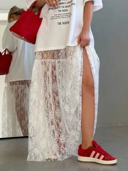 Lace Jacquard Transperant Skirt Women Summer New High Waist Sexy Casual Long Skirts 2025 Streetwear Fashion White Maxi Skirt