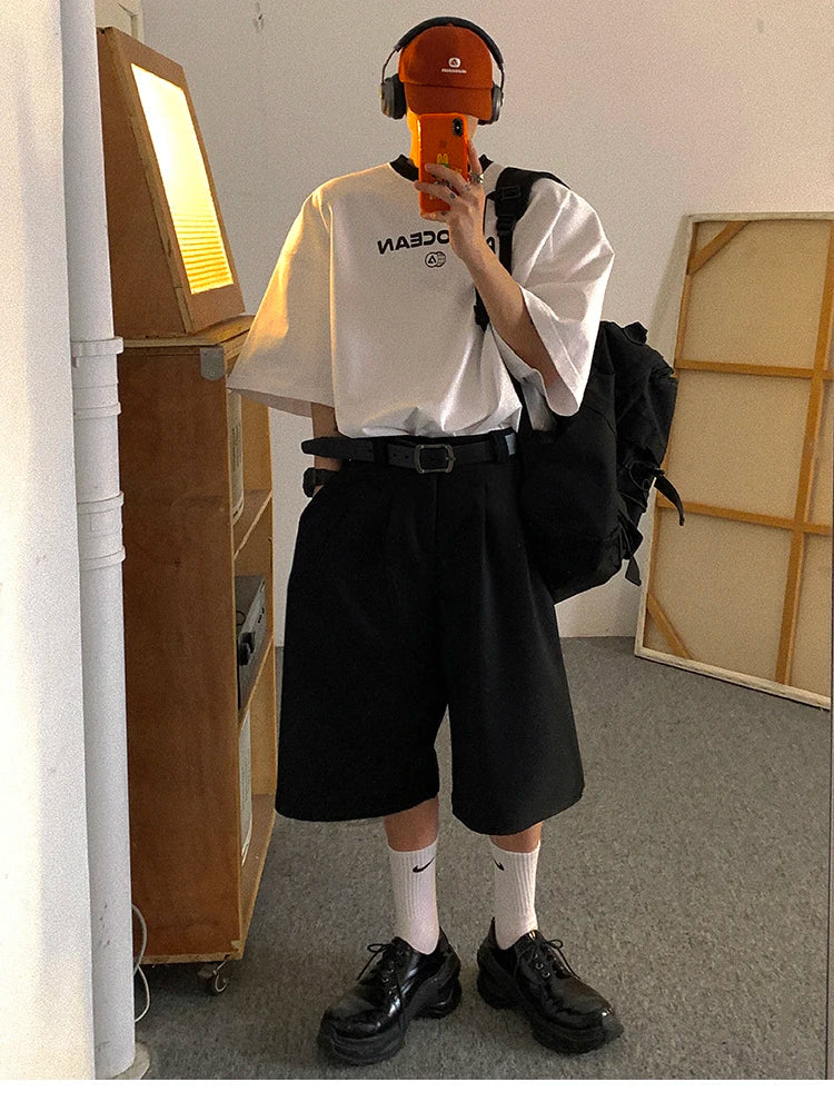 Spring Summer Loose Casual Soft Black Pleated Shorts for Men Mens with High Waist Short Straight Pants Clothes 2024