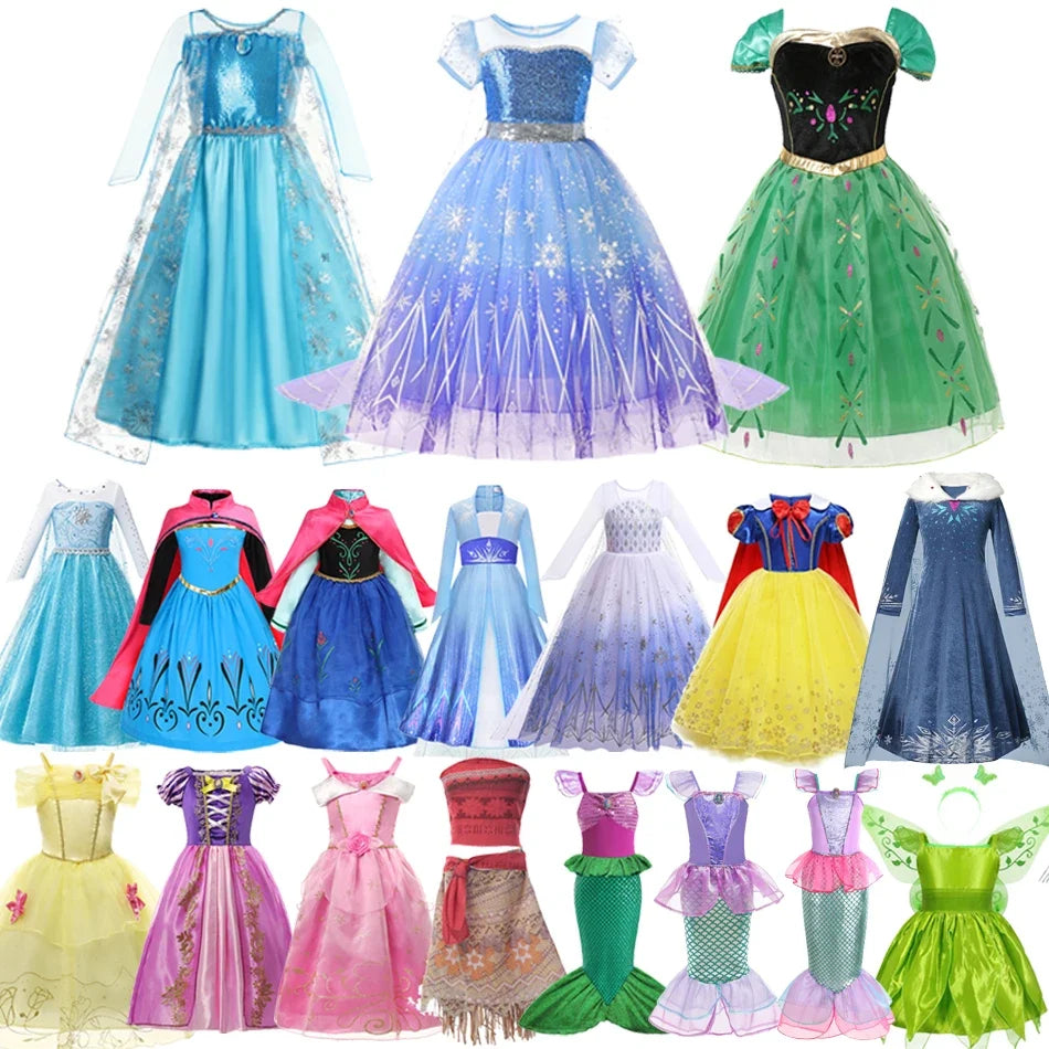 2026 Kids Princess Costume Girls Elsa Anna Dress Carnival Cosplay Snow White Aurora Moana Rapunzel Mermaid Belle Party Outfits