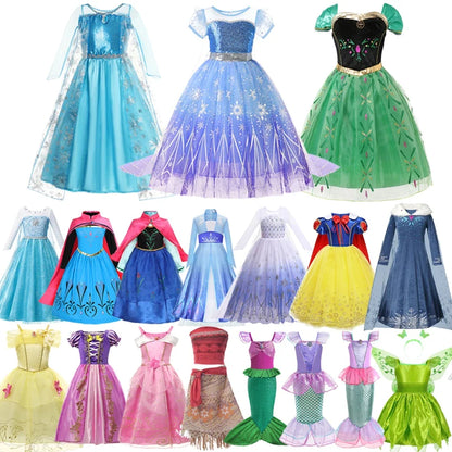 2026 Kids Princess Costume Girls Elsa Anna Dress Carnival Cosplay Snow White Aurora Moana Rapunzel Mermaid Belle Party Outfits