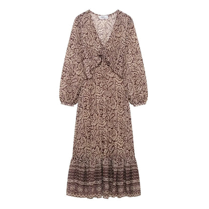 Ele Layered Decorative Print Midi Dr Spring New Arrival Women's Faion JNLEAOG Long Sve V-Ne High Waist Skirt