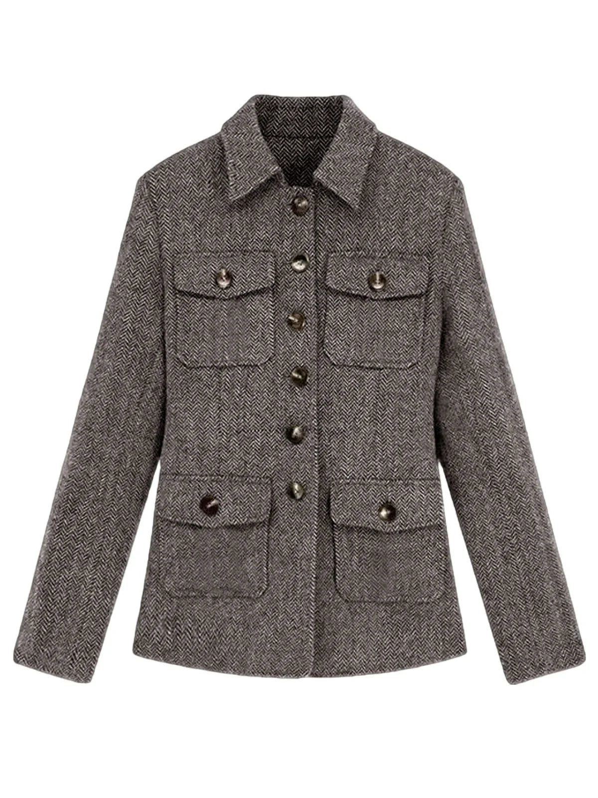 Men's Herringbone Wool Blend Blazer Jacket Notch Collar Utility Multi-Pocket Casual Overcoat For Spring Autumn