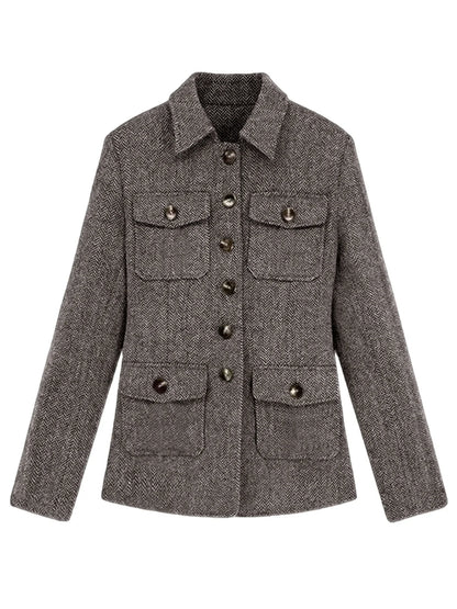 Men's Herringbone Wool Blend Blazer Jacket Notch Collar Utility Multi-Pocket Casual Overcoat For Spring Autumn