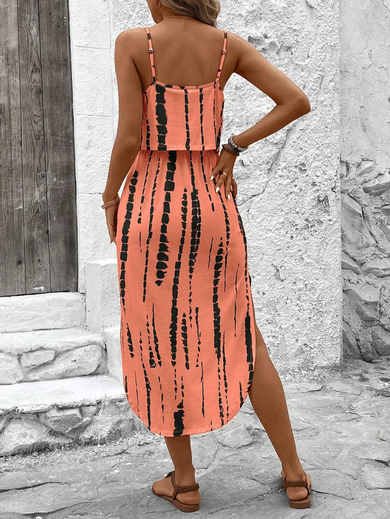 Women's Summer Spaghetti Strap Dress with Belt & Side Slit - Casual Sleeveless Flowy Dress