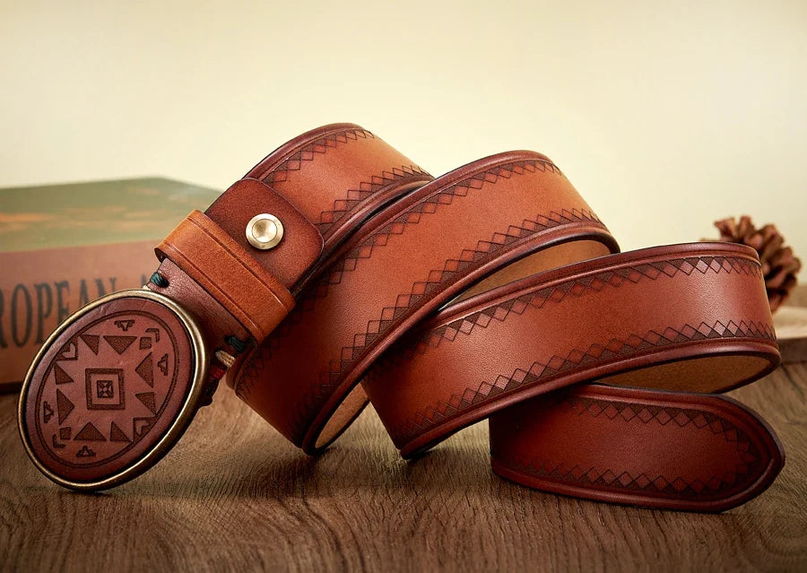 Real Genuine Leather High Quality Brass Buckle Jeans Casual Belt Extra Thick Cowhide Designer Laser Engraved Pattern Men's Belt