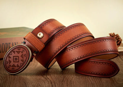 Real Genuine Leather High Quality Brass Buckle Jeans Casual Belt Extra Thick Cowhide Designer Laser Engraved Pattern Men's Belt