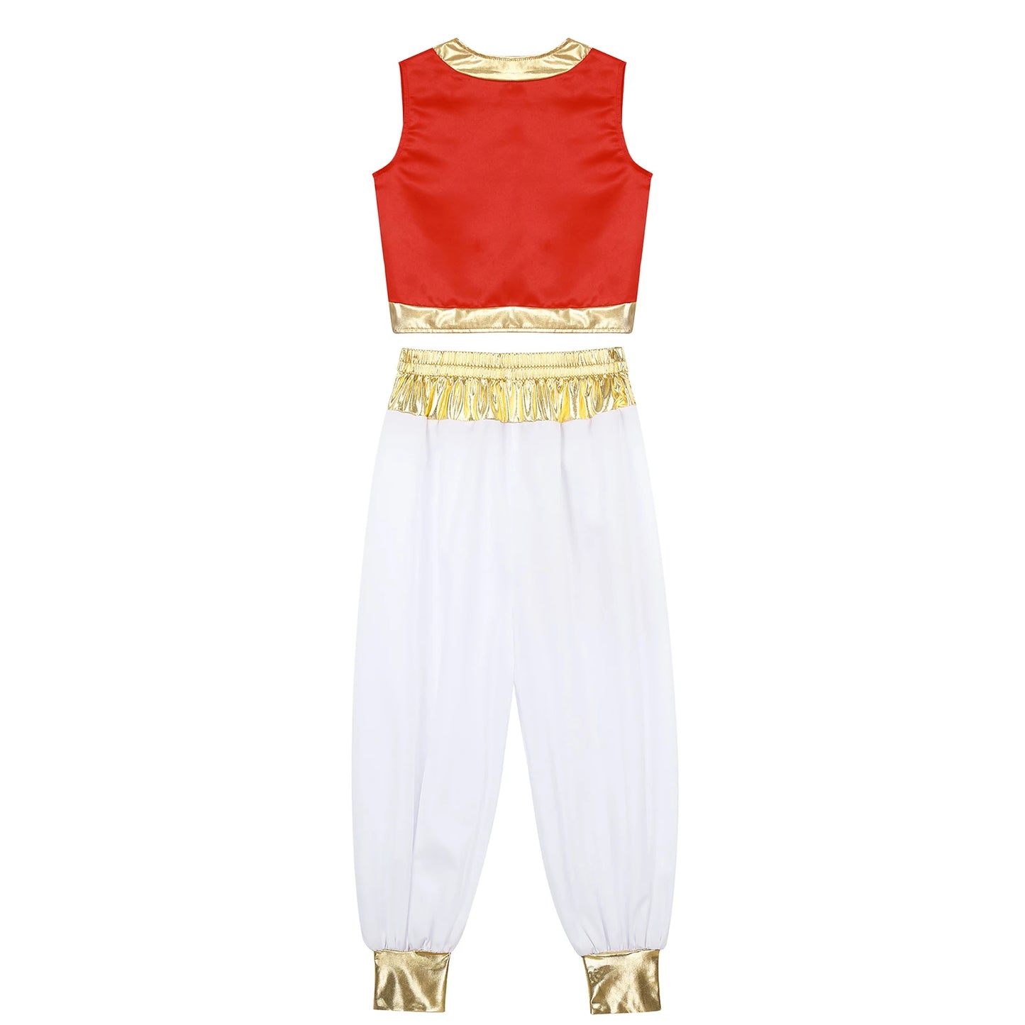 Boys Girls Prince Costume Arabian Prince Fairy Tale Character Cosplay Suits Belly Dance Golden Trim Vest with Satin Bloomer Set