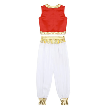 Boys Girls Prince Costume Arabian Prince Fairy Tale Character Cosplay Suits Belly Dance Golden Trim Vest with Satin Bloomer Set