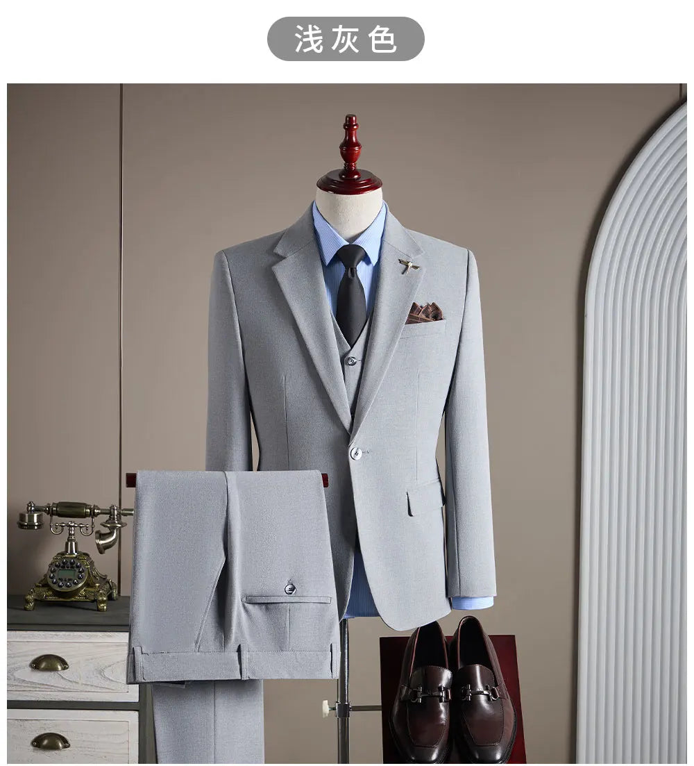 High-quality, Fashionable and Stylish Plus-size Men's Solid-color Suit Set, Men's Three-piece Set, One-button Casual Suit