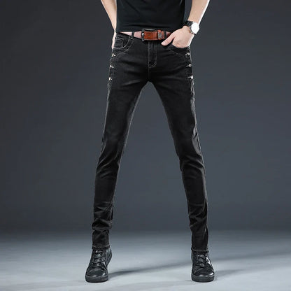 New Men Slim Button Black Skinny Jeans Solid Color Stretch Skateboard Multi-button Youth Male Denim Pants