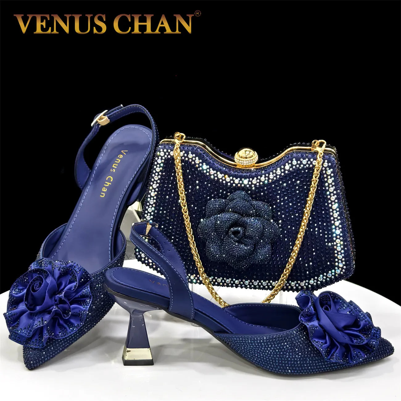 Elegant Shiny Dark blue Handbag and Medium Heel Shoes Set with Beautiful Handmade Flowers for Weddings and Parties