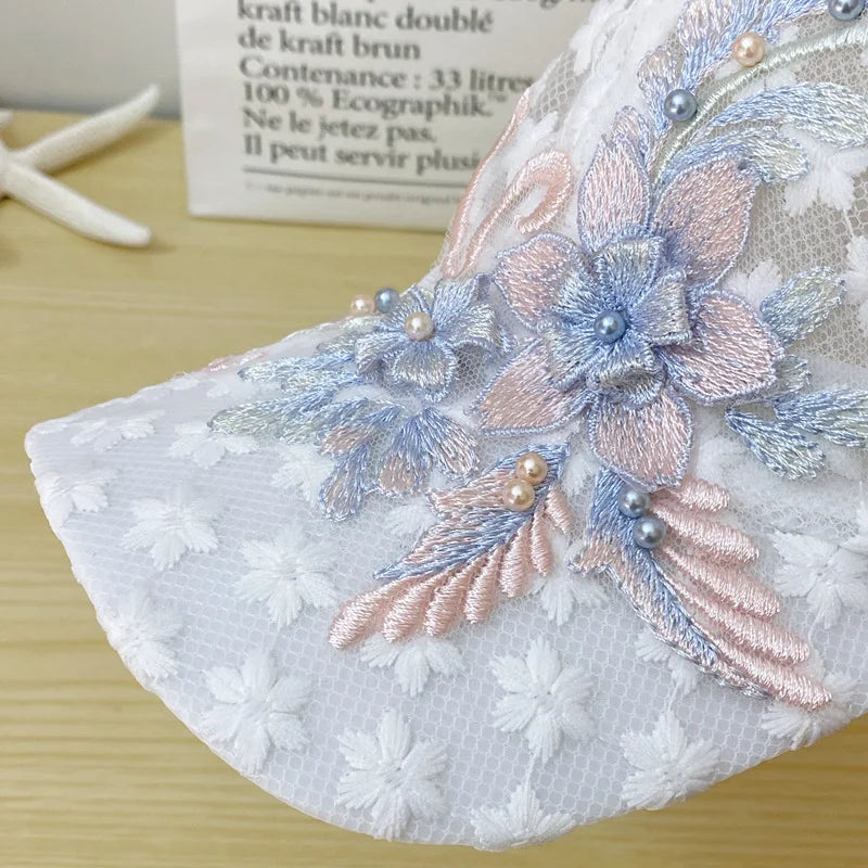 Summer Baseball Cap for Women Embroidered Flowers Mesh Breathable Duck Tongue Hat Sunscreen Sunshade Hat Rebound Cap