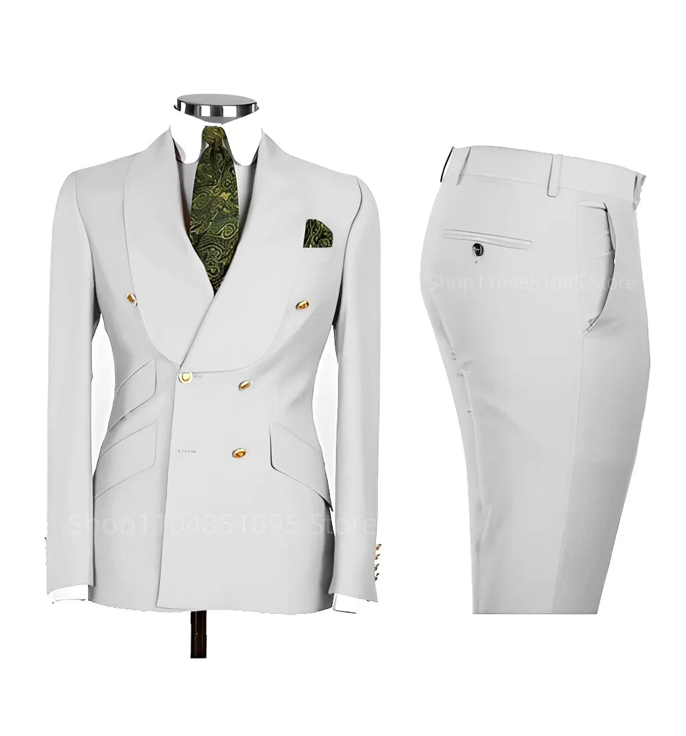 Smart Casual Solid 2 PCS Men Suits Formal Groom Tuxedos Shawl Lapel Double Breasted Jacket Pants Business/Wedding Suits Set