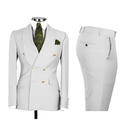 Smart Casual Solid 2 PCS Men Suits Formal Groom Tuxedos Shawl Lapel Double Breasted Jacket Pants Business/Wedding Suits Set