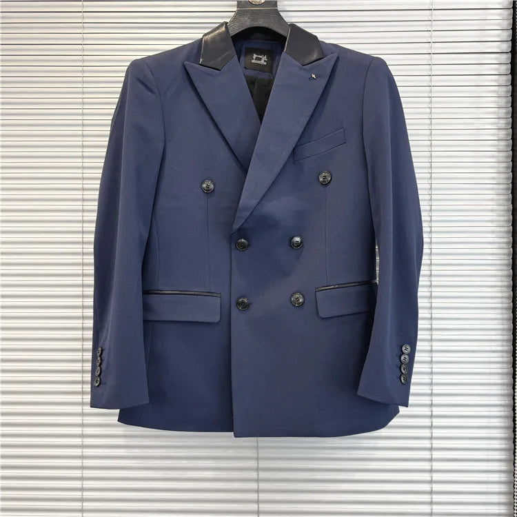 (1 Pcs Jackets) New Thicken Thicken Striped Casual Suit Jacket Fashion Splicing Leather Neck Men's Business Slim Blazers Tuxedos
