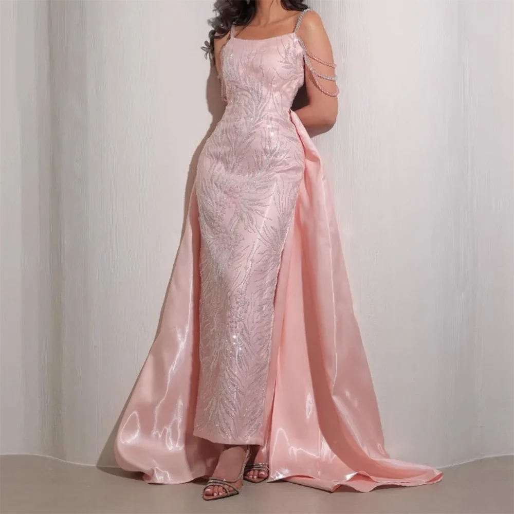 Customized square collar Formal Evening Dresses Beading Sequined Lace Appliques Long Prom Gown detachable Train Party Dress