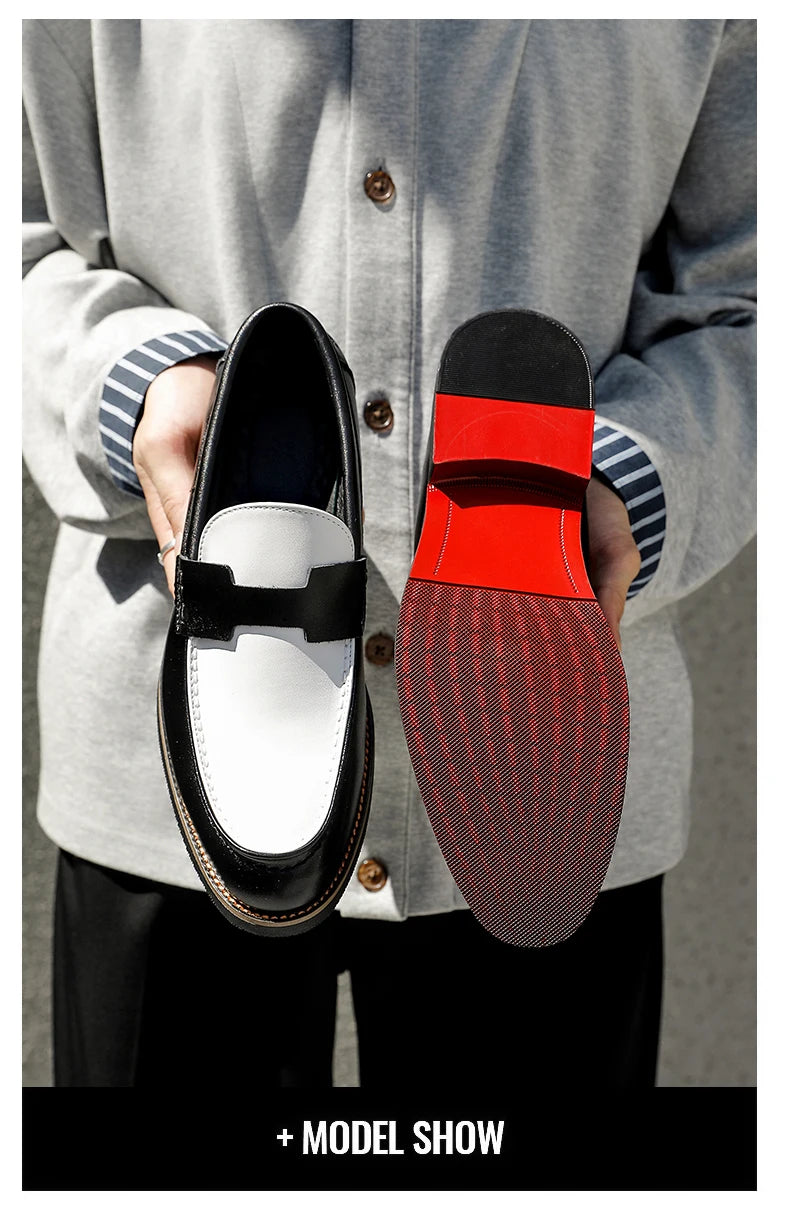 Luxury Brand Loafers Men's Black and White Color Leather Shoes Slip-on Fashion Soft-soled Casual Shoes Party Wedding Moccasin