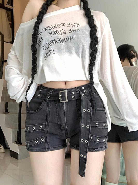 Women Black Gothic Denim Shorts Y2k Jeans Short Pants Harajuku Aesthetic Vintage Cowboy Shorts 2000s Trashy Clothes Summer 2024