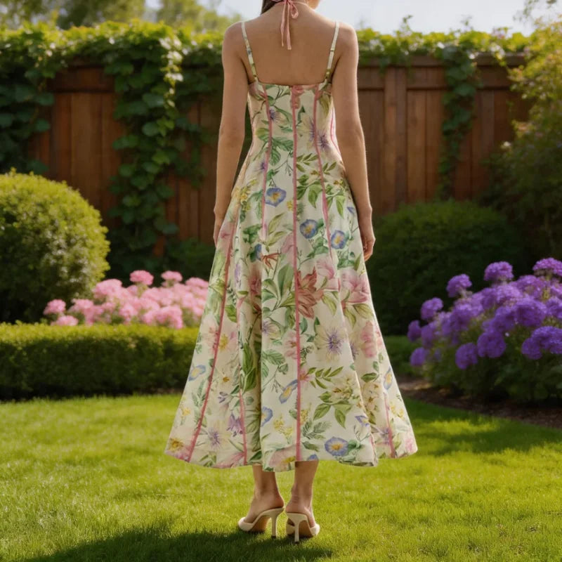 Women's Retro Floral Print Corset Maxi Dress Sexy Sleeveless Halter Neck Flowy Long Dress Lady Summer Vacation Dating Streetwear