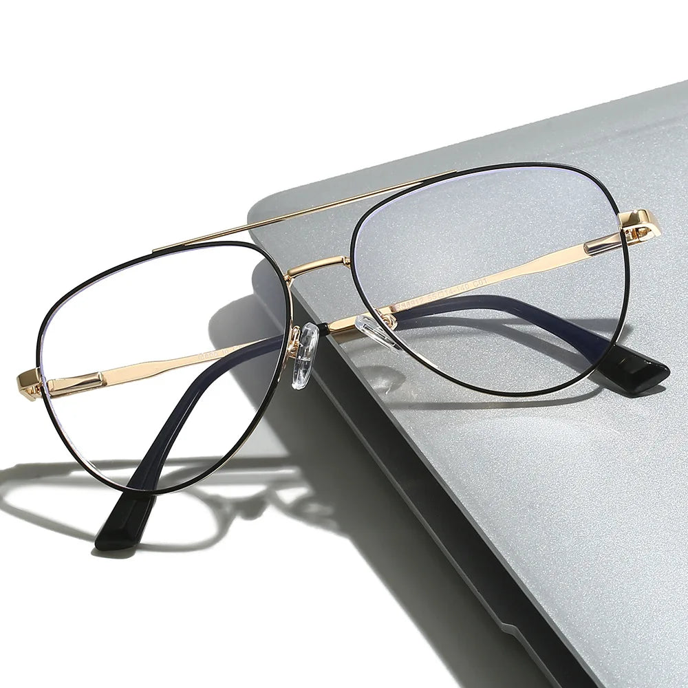 Double Bridge Anti-Blue Light Reading Glasses Men's Metal Pilot Style Leisure Travel Customized Prescription Myopia RS6912