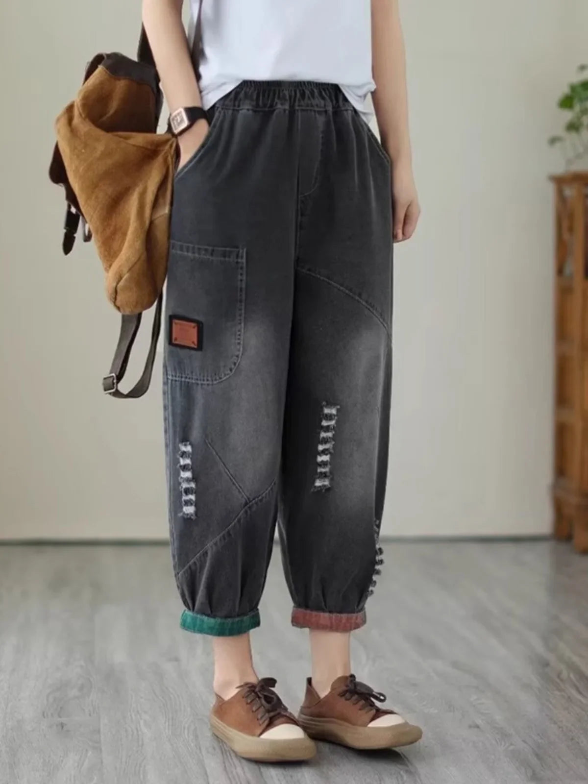 Loose Harlan Jeans Women's Denim Pants Middle-Aged Mom Trendy plus Size Carrot Shape High Waist Cotton Stretch Fabric All Sea...