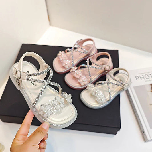 Girls Princess Sandals Children Summer Beach Shoes Soft Bottom Anti-slippery Fashion Kids Flowers Rhinestone Sandals Size 23-36