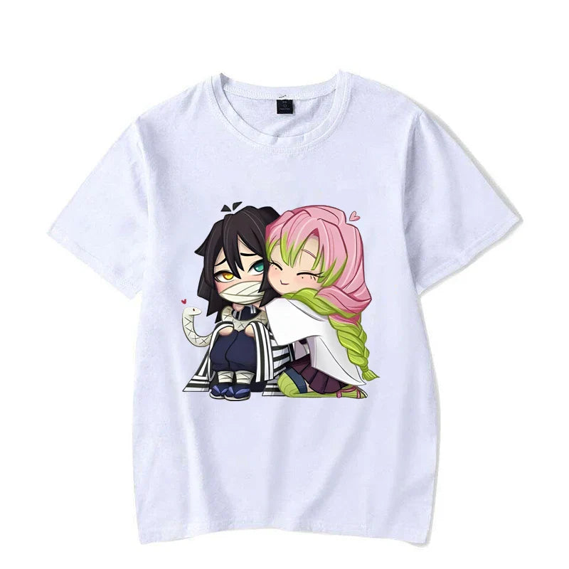 Funny Kanroji Mitsuri Iguro Obanai Cartoon Print T-Shirt Couple Casual Loose Short Sleeve Round Neck Harajuku Tops Clothing