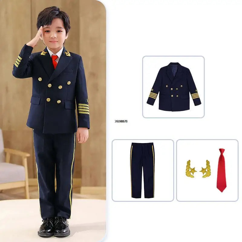 Flower Boys Pilot 3Pieces/Set Jacket Pants Tie Uniform Suit Kids Tuxedo Wedding Dress Children Birhtday Photograph Stage Costume