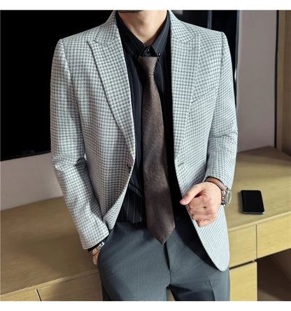 Autumn Winter Thick Wool Plaid Suit Jacket 2025 New Men's Slim Fit Casual Fashion Formal Business Socia Party Jacket Coats