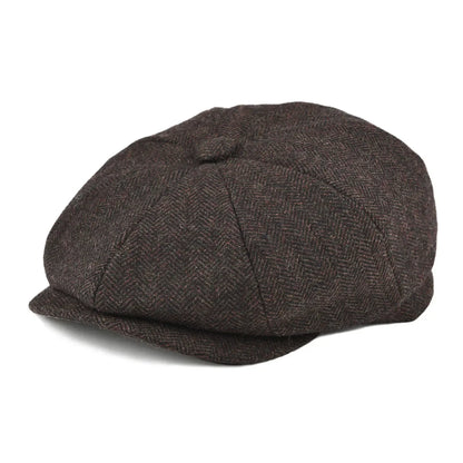 Wool Tweed Newsboy Cap Herringbone Men British Gatsby Retro Hat Driver Flat Cap for Male Vintage Herringbone Beret