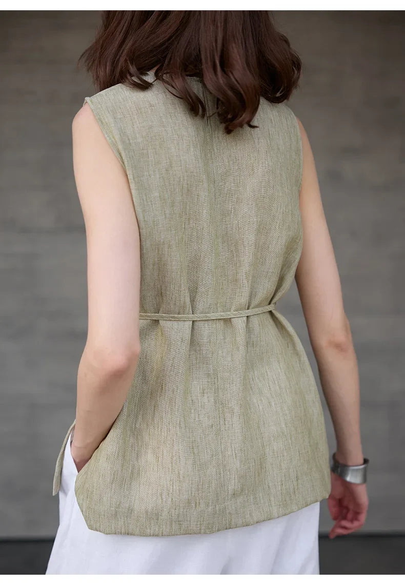 100% Linen Mid-Length Round Neck Women's Tank Top American Vintage Ladies Top Mujer Summer Lace-up Loose Sleeveless Tops