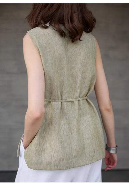 100% Linen Mid-Length Round Neck Women's Tank Top American Vintage Ladies Top Mujer Summer Lace-up Loose Sleeveless Tops