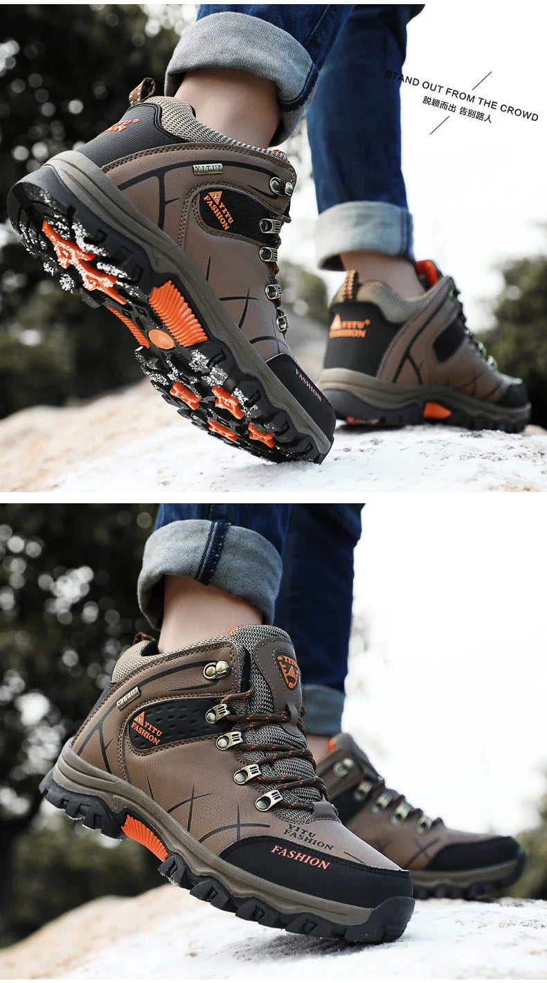 Winter Warm Cotton Shoes Men Outdoor Leather Black Casual Shoes Fur Sneakers High Top Rubber Ankle Boots Male Hiking Trekking 46