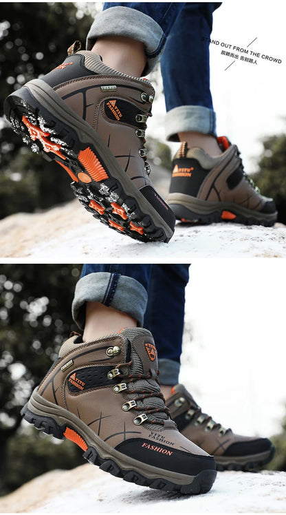 Winter Warm Cotton Shoes Men Outdoor Leather Black Casual Shoes Fur Sneakers High Top Rubber Ankle Boots Male Hiking Trekking 46