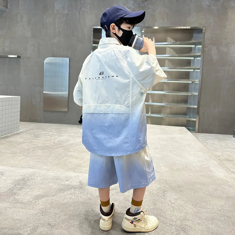 Fashion Kids Clothing Set Shirt Shorts Summer Suit for Teenage Boy Loose Casual Gradient Color Clothes Set Child Luxury Outfit