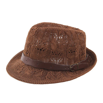 Summer Women's Knitted Mesh Breathable Curled Jazz Hat Leather Belt Panama Hat