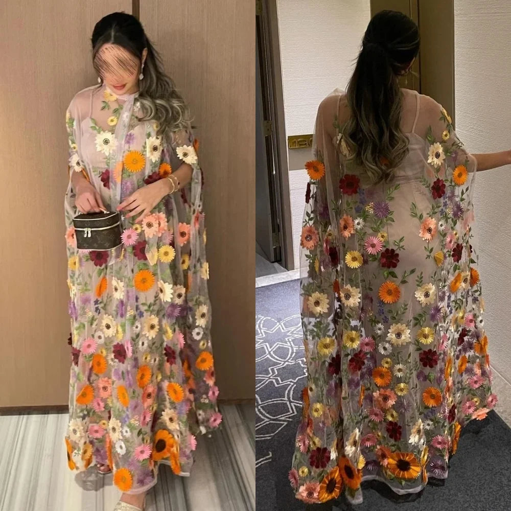 Customized Exquisite Modern Style High Collar A-line Flowers Embroidery Tulle Bespoke Occasion  Evening Gown