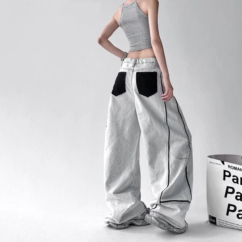 Korean High Street Hip-Hop Wide Leg Pants Women'S Jeans Striped Color Blocked Casual High Waisted Loose Straight Leg Pants