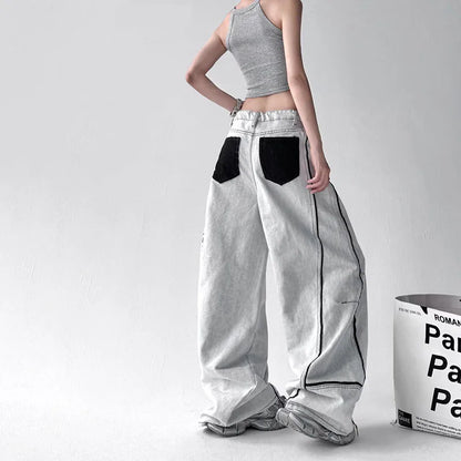 Korean High Street Hip-Hop Wide Leg Pants Women'S Jeans Striped Color Blocked Casual High Waisted Loose Straight Leg Pants