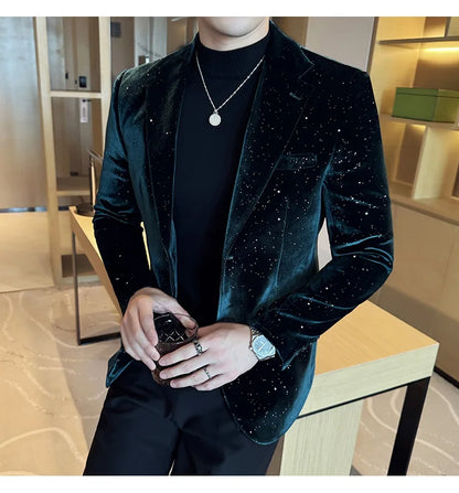 High Quality Velvet Bronzing Suit Coats Mens Sparkle Elegant Slim Business Suits Jacket Homme Formal Social Prom Party Tuxedos