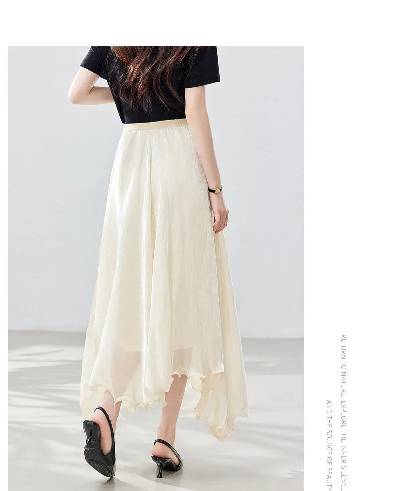 French A-line Shimmer Skirt for Women 2026 Summer New Fashion Irregular Ruffle Hem Elegant Office Maxi Skirt Bottoms 30813