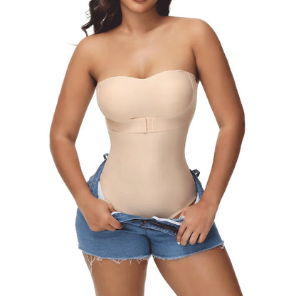 Strapless Bodysuit Off Shoulder Bustier Tube Top Women Front Closure Tummy Control Shapewear Removable Padded Underwear S-4XL
