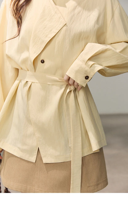 Women's Stand Collar Long Sleeve Shirts Spring Belted Waist Asymmetric Button Tops Casual Loose Solid Shirt MXF13C2459