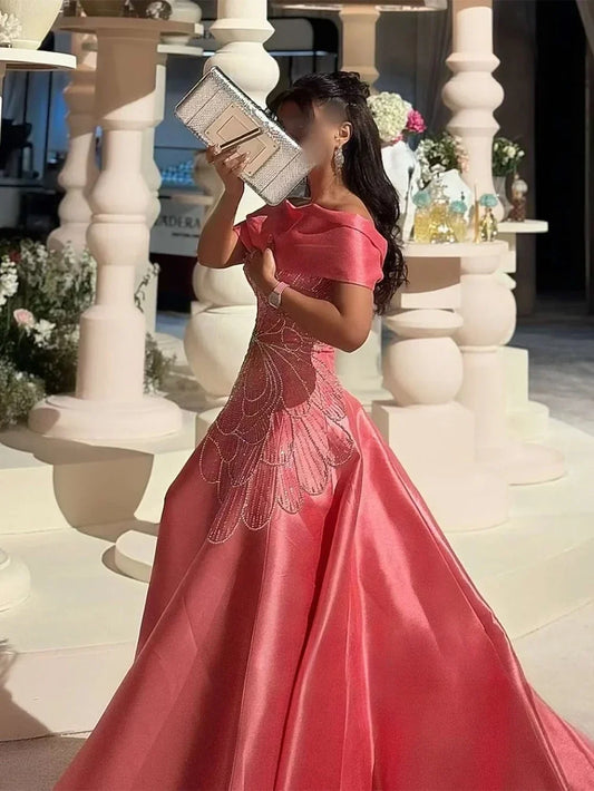 Evening Dresses Off The Shoulder Boat Neck Beading A Line Satin Prom Gown Exquisite High Quality Party Dress for Women Customize