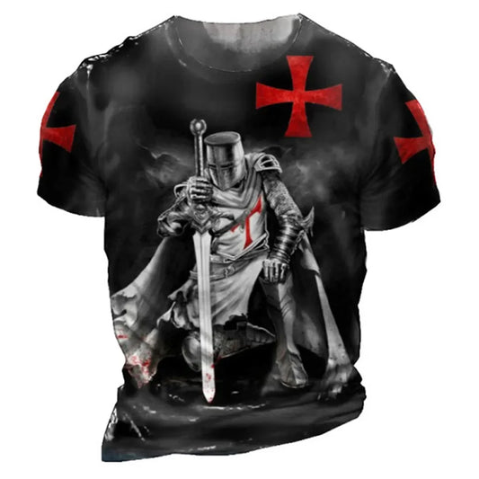 2025 New Vintage Men's T-shirts Knights Templar Print For Men Summer Oversized Tops Short Sleeve Tees Casual O-Neck Men Clothin