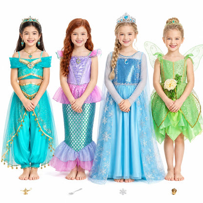 Muababy Princess Dress for Girls Aurora Belle Elsa Jasmine Cosplay Costume Party Halloween Carnival Outfit Kids 2-8Y Vestido