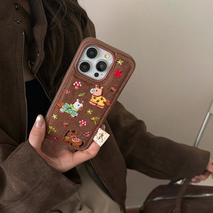 Cute Brown Embroidered Pony Mushroom With Lanyard Shockproof Protective Phone Cover Case for iPhone 17 16 15 14 Pro Max