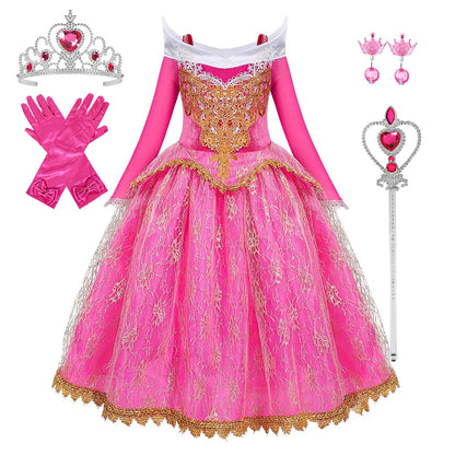 Exquisite Princess Ball Gown Sleeping Beauty Fairy Tale Costume Play Lace Gold Rim Deluxe Christmas Aurora Party Dress 2 4 6 8Yr