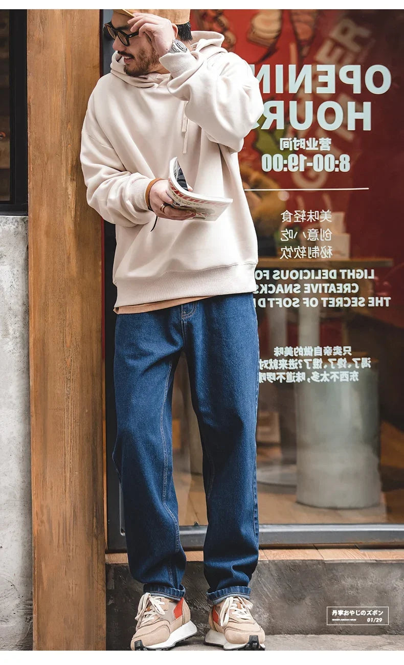 Men Vintage Washed Denim Jeans 12.8 OZ Straight Dark Blue Loose Casual Wide Leg Pants Male Streetwear Blue Jeans Trousers