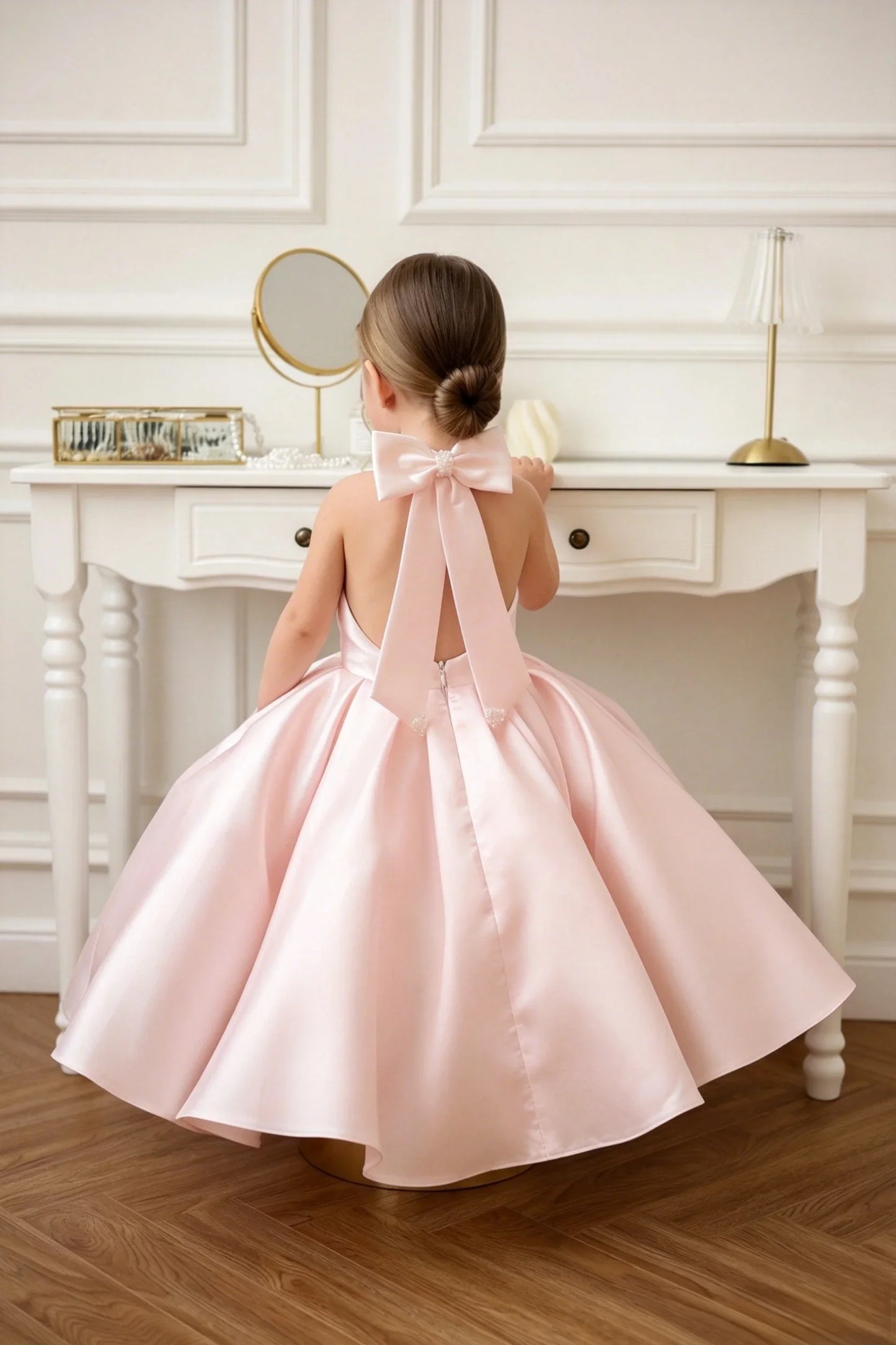 Satin Flower Girl Dress Mini Bridal Wedding Dress Kids Ball Gown 1st Communion Frock Pageant Gown Vestidos De Noiva Customized
